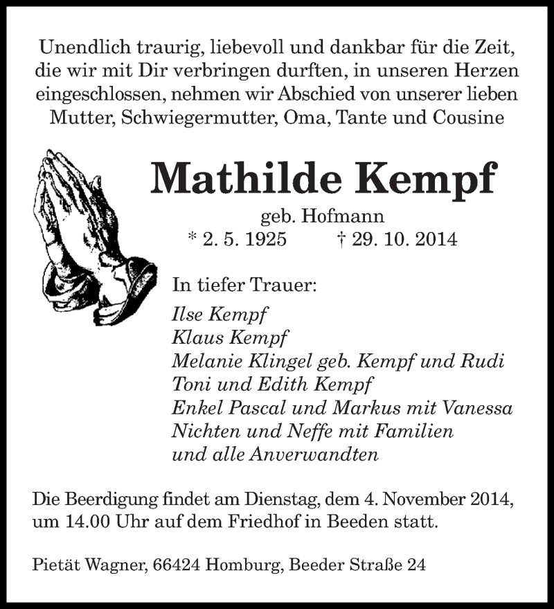  Traueranzeige für Mathilde Kempf vom 31.10.2014 aus saarbruecker_zeitung