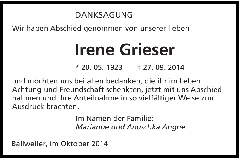  Traueranzeige für Irene Grieser vom 31.10.2014 aus saarbruecker_zeitung
