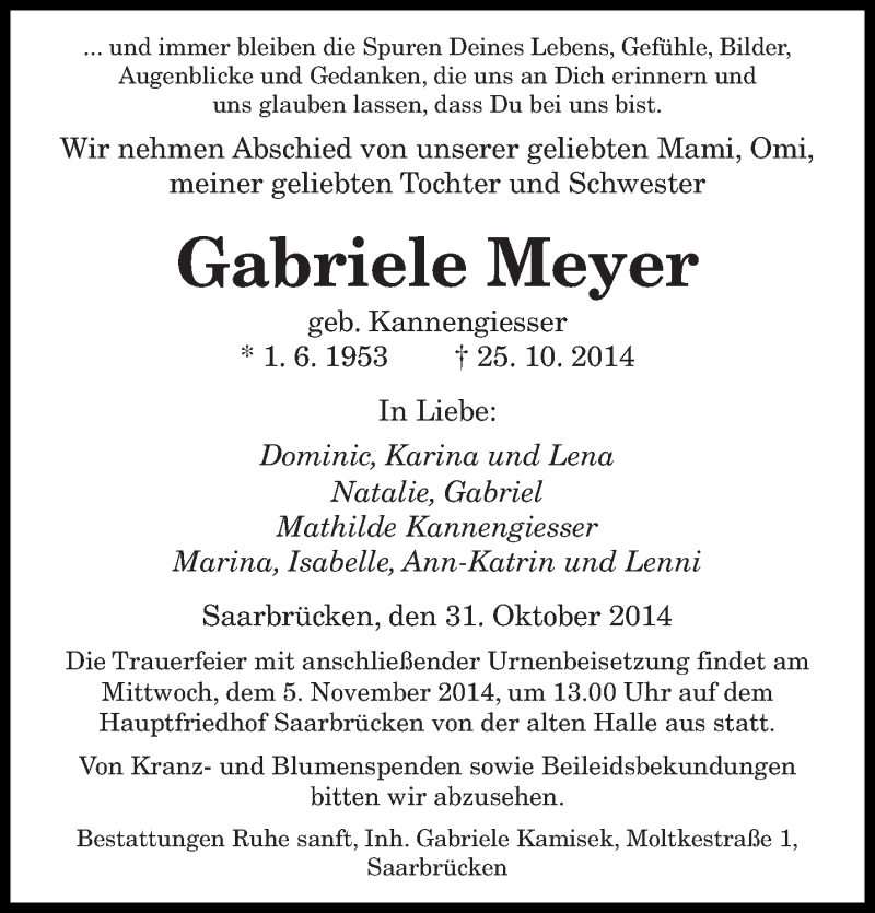  Traueranzeige für Gabriele Meyer vom 31.10.2014 aus saarbruecker_zeitung