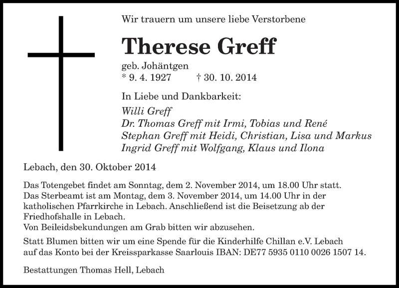  Traueranzeige für Therese Greff vom 31.10.2014 aus saarbruecker_zeitung
