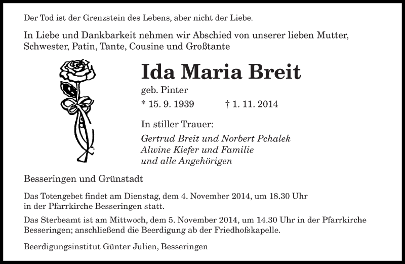  Traueranzeige für Ida Maria Breit vom 03.11.2014 aus saarbruecker_zeitung