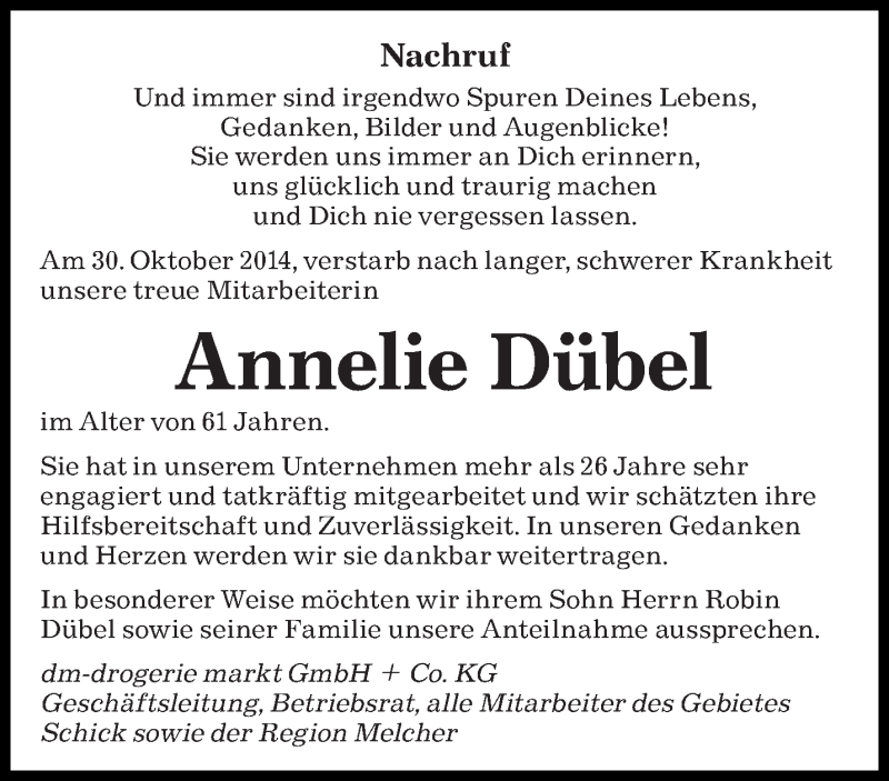  Traueranzeige für Annelie Dübel vom 04.11.2014 aus saarbruecker_zeitung