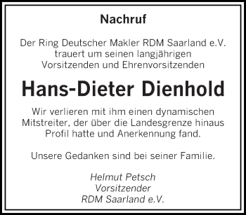 Traueranzeige von Hans-Dieter Dienhold von saarbruecker_zeitung