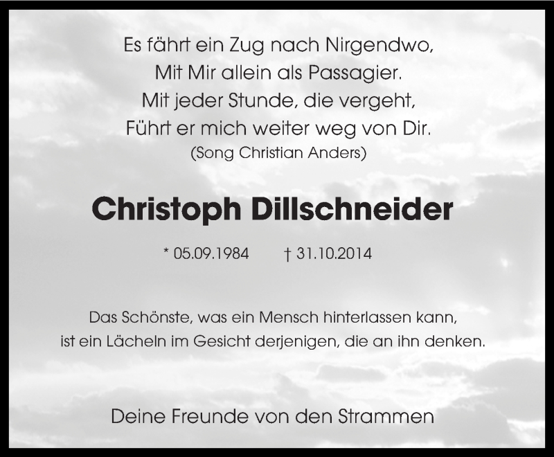  Traueranzeige für Christoph Dillschneider vom 12.11.2014 aus saarbruecker_zeitung