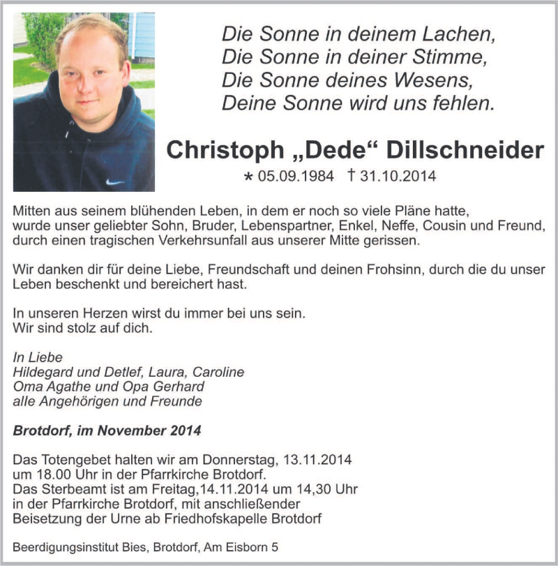  Traueranzeige für Christoph Dillschneider vom 11.11.2014 aus saarbruecker_zeitung