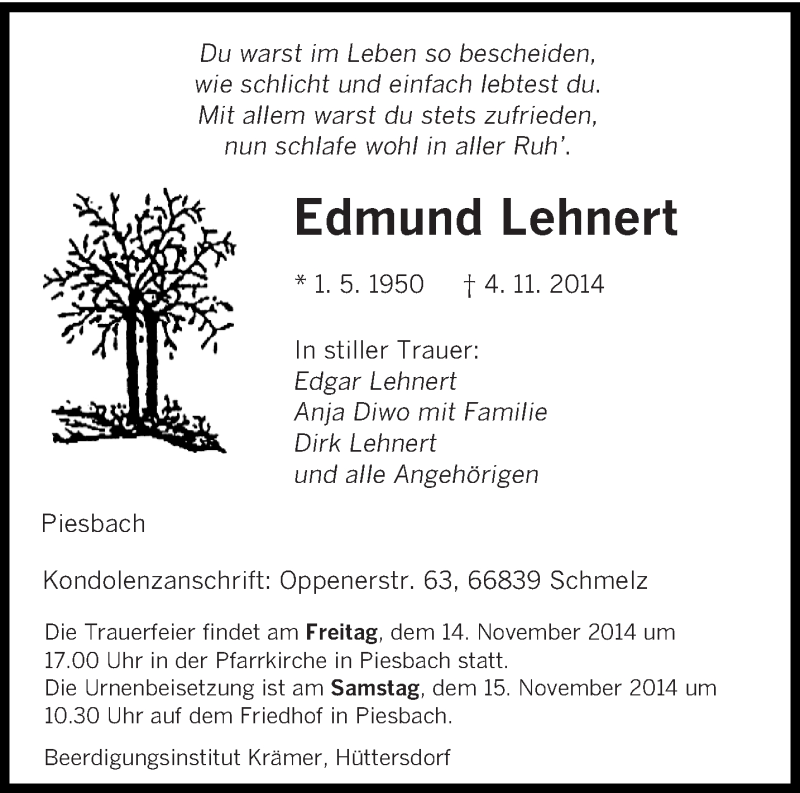  Traueranzeige für Edmund Lehnert vom 12.11.2014 aus saarbruecker_zeitung