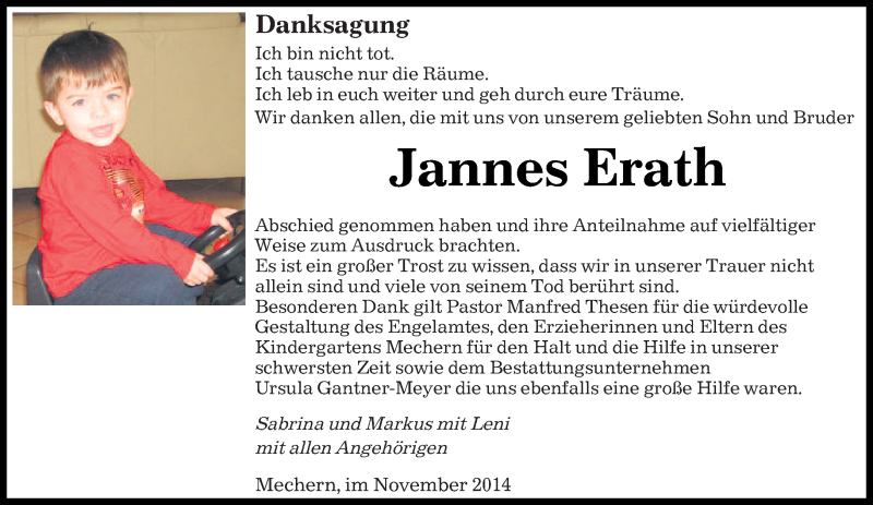  Traueranzeige für Jannes Erath vom 15.11.2014 aus saarbruecker_zeitung