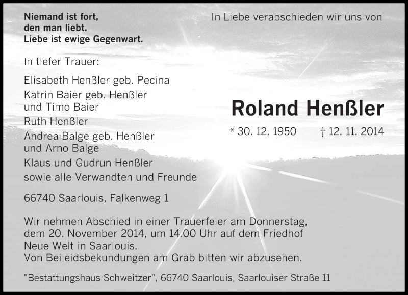  Traueranzeige für Roland Henßler vom 15.11.2014 aus saarbruecker_zeitung