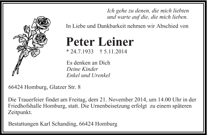  Traueranzeige für Peter Leiner vom 15.11.2014 aus saarbruecker_zeitung
