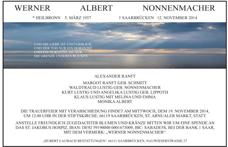  Traueranzeige für Werner Albert Nonnenmacher vom 15.11.2014 aus saarbruecker_zeitung
