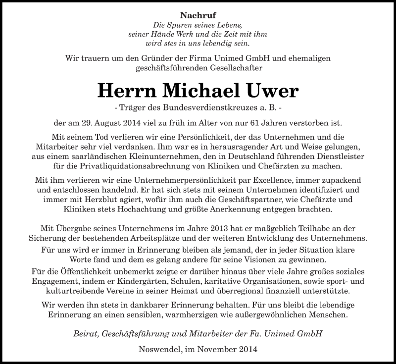  Traueranzeige für Michael Uwer vom 22.11.2014 aus saarbruecker_zeitung