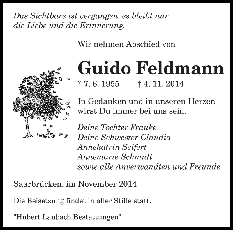  Traueranzeige für Guido Feldmann vom 19.11.2014 aus saarbruecker_zeitung