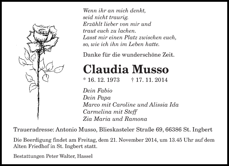  Traueranzeige für Claudia Musso vom 19.11.2014 aus saarbruecker_zeitung