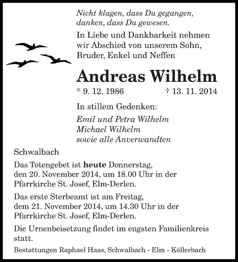  Traueranzeige für Andreas Wilhelm vom 20.11.2014 aus saarbruecker_zeitung