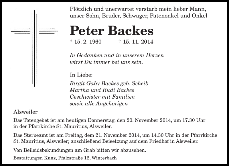 Traueranzeige für Peter Backes vom 20.11.2014 aus saarbruecker_zeitung