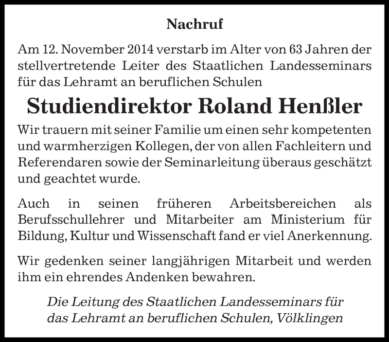  Traueranzeige für Roland Henßler vom 20.11.2014 aus saarbruecker_zeitung