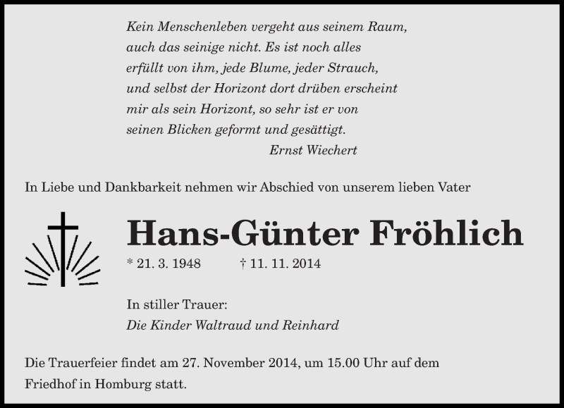  Traueranzeige für Hans-Günter Fröhlich vom 22.11.2014 aus saarbruecker_zeitung