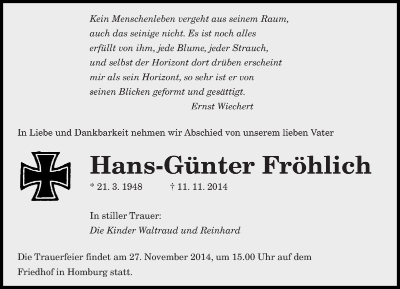  Traueranzeige für Hans-Günter Fröhlich vom 24.11.2014 aus saarbruecker_zeitung