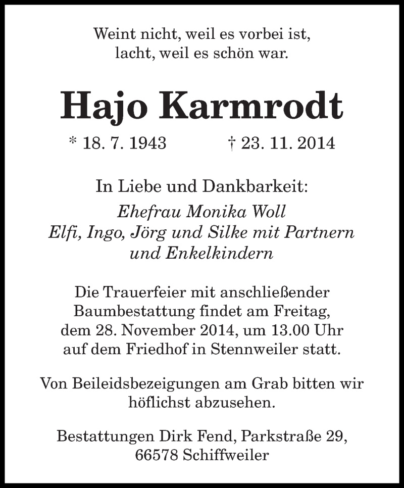  Traueranzeige für Hajo Karmrodt vom 26.11.2014 aus saarbruecker_zeitung