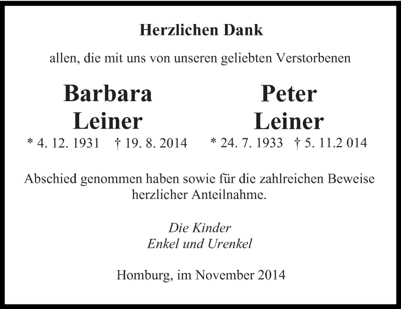  Traueranzeige für Barbara und Peter Leiner vom 26.11.2014 aus saarbruecker_zeitung