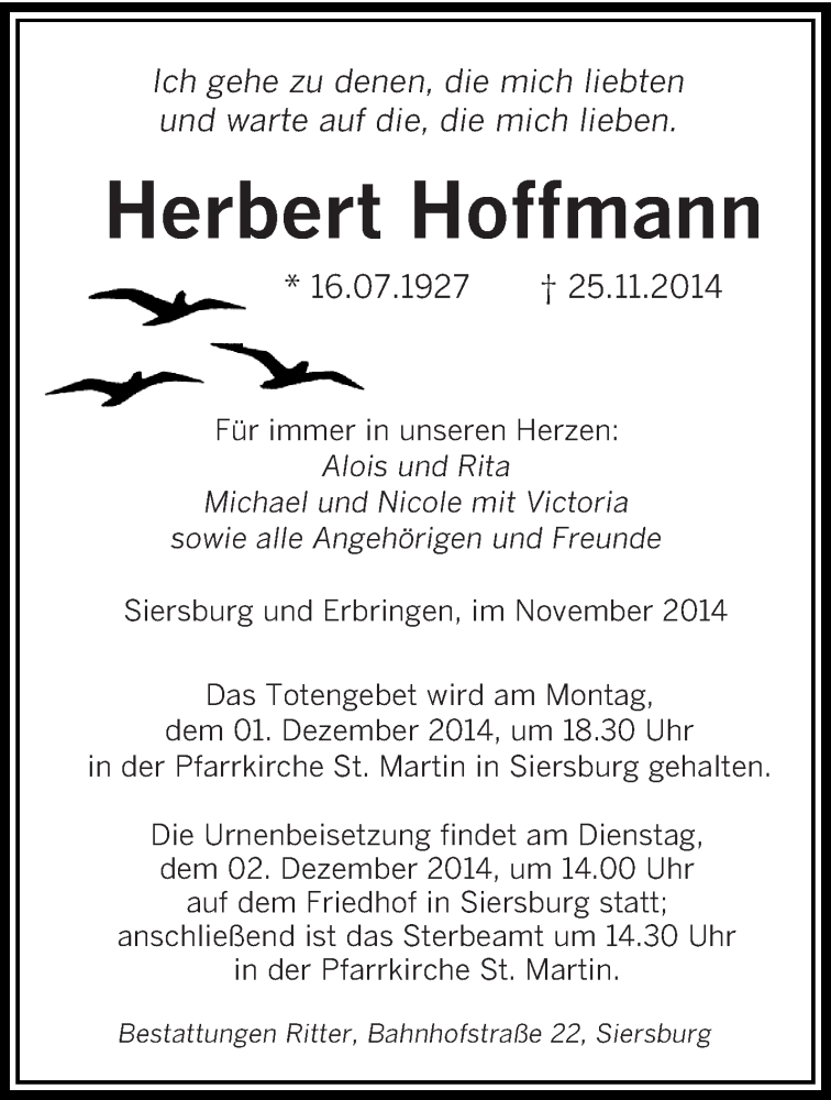  Traueranzeige für Herbert Hoffmann vom 29.11.2014 aus saarbruecker_zeitung