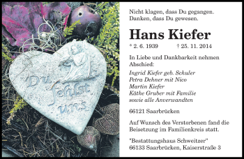 Traueranzeige von Hans Kiefer von saarbruecker_zeitung