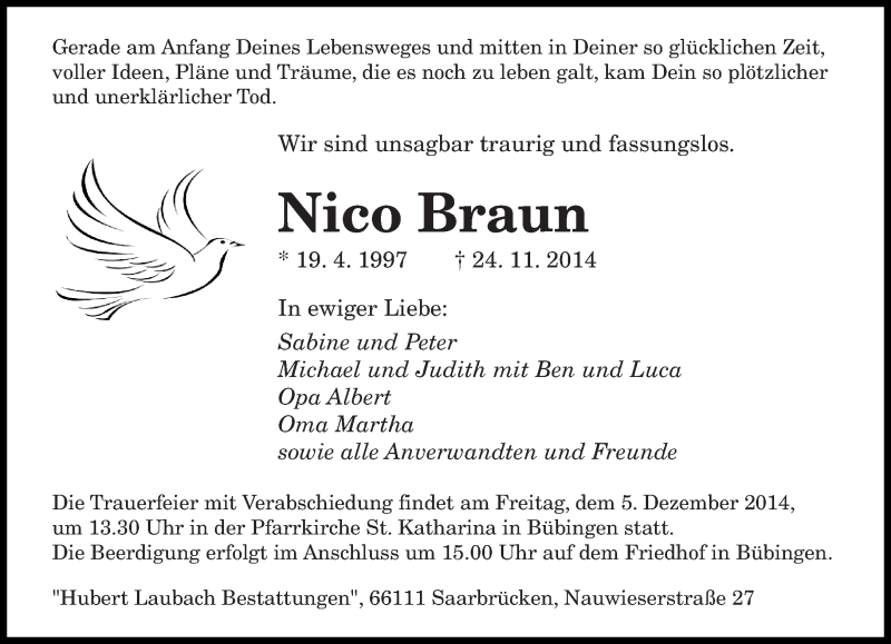  Traueranzeige für Nico Braun vom 03.12.2014 aus saarbruecker_zeitung