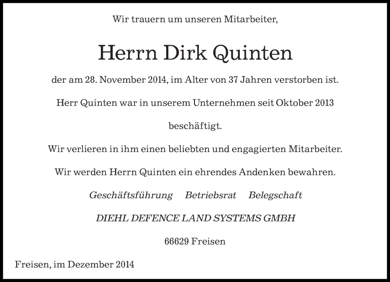 Traueranzeige für Dirk Quinten vom 03.12.2014 aus saarbruecker_zeitung