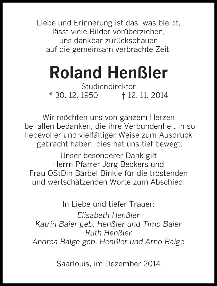 Traueranzeige für Roland Henßler vom 06.12.2014 aus saarbruecker_zeitung
