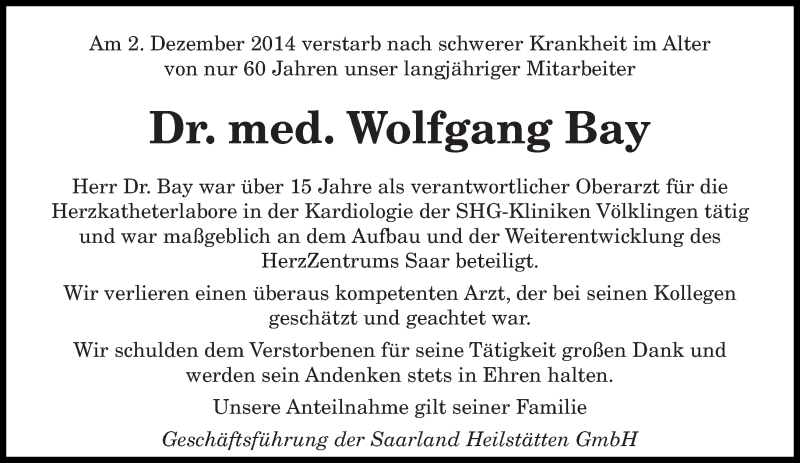  Traueranzeige für Wolfgang Bay vom 06.12.2014 aus saarbruecker_zeitung