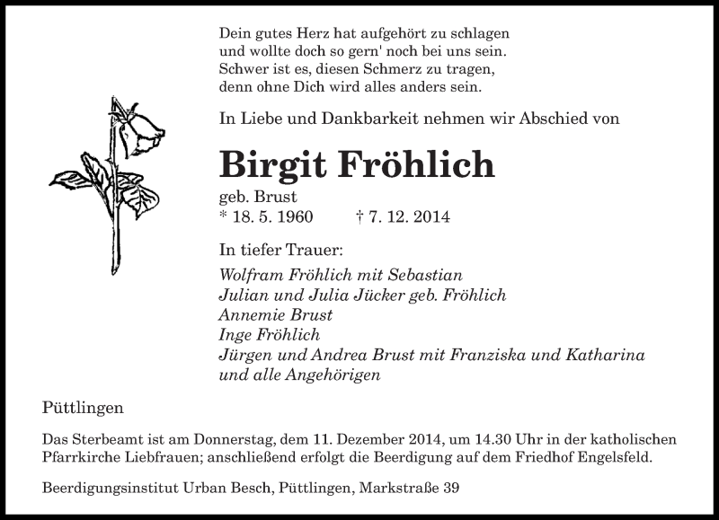  Traueranzeige für Birgit Fröhlich vom 09.12.2014 aus saarbruecker_zeitung