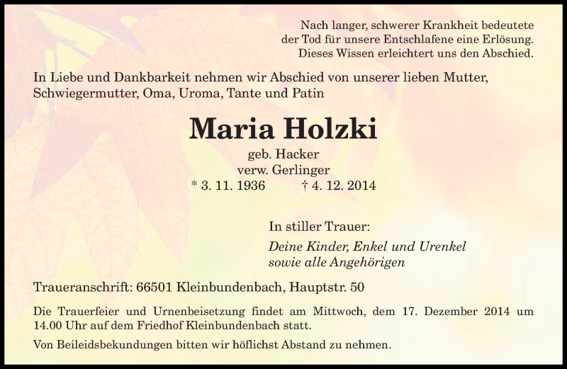  Traueranzeige für Maria Holzki vom 13.12.2014 aus saarbruecker_zeitung