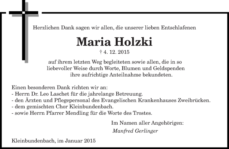  Traueranzeige für Maria Holzki vom 10.01.2015 aus saarbruecker_zeitung