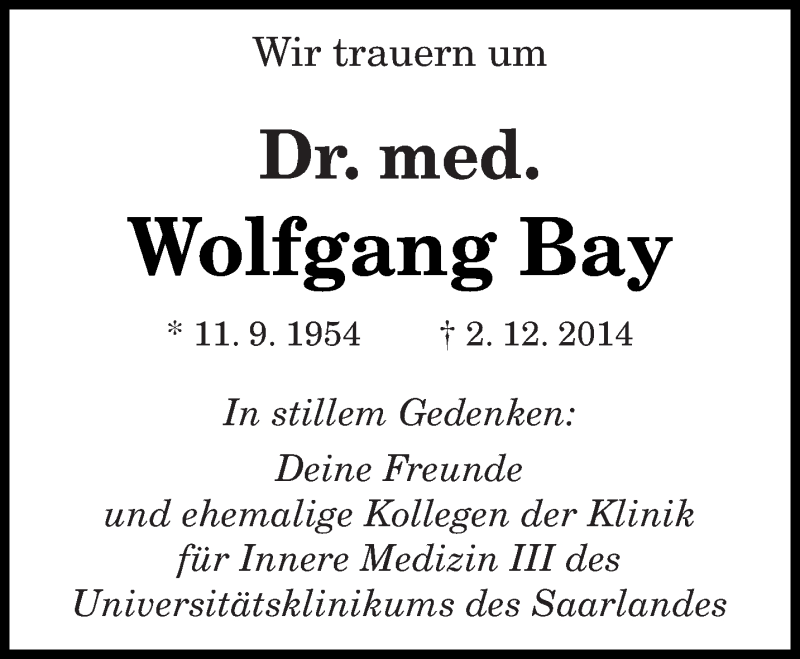  Traueranzeige für Wolfgang Bay vom 11.12.2014 aus saarbruecker_zeitung