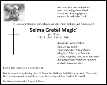 Traueranzeige von Selma Gretel Magic von saarbruecker_zeitung