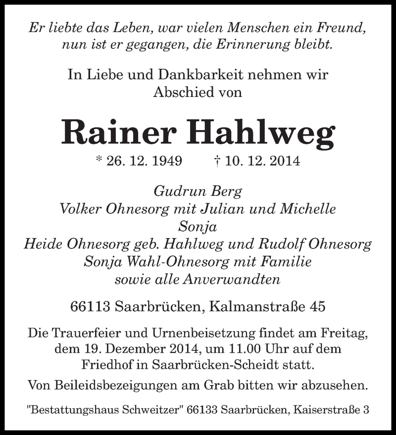  Traueranzeige für Rainer Hahlweg vom 13.12.2014 aus saarbruecker_zeitung