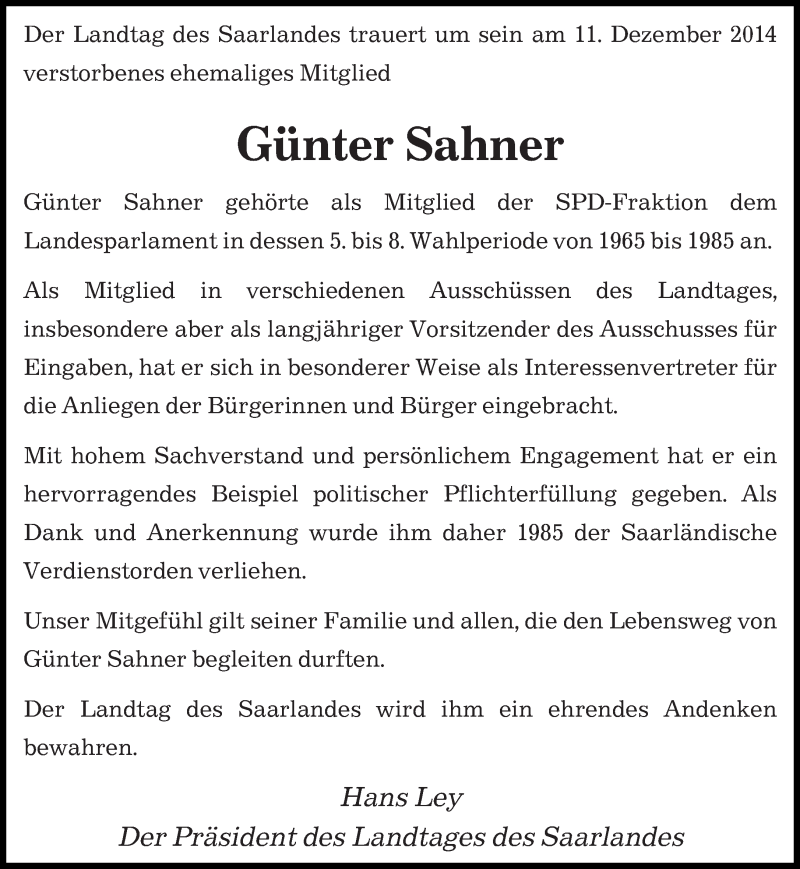  Traueranzeige für Günter Sahner vom 13.12.2014 aus saarbruecker_zeitung