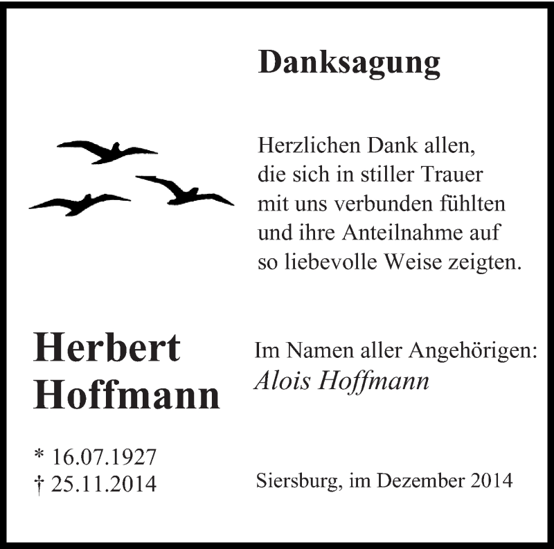  Traueranzeige für Herbert Hoffmann vom 17.12.2014 aus saarbruecker_zeitung