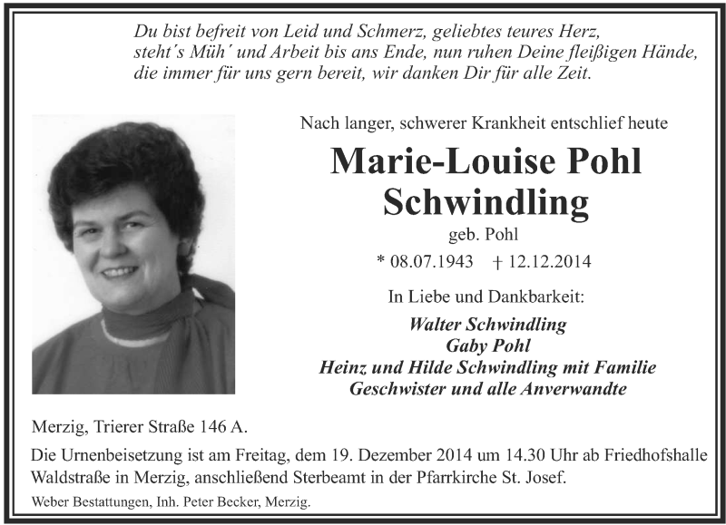 Traueranzeigen Von Marie Louise Pohl Schwindling Saarbruecker Zeitung