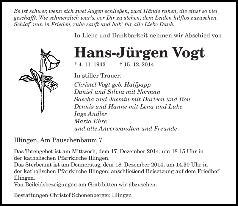  Traueranzeige für Hans-Jürgen Vogt vom 16.12.2014 aus saarbruecker_zeitung