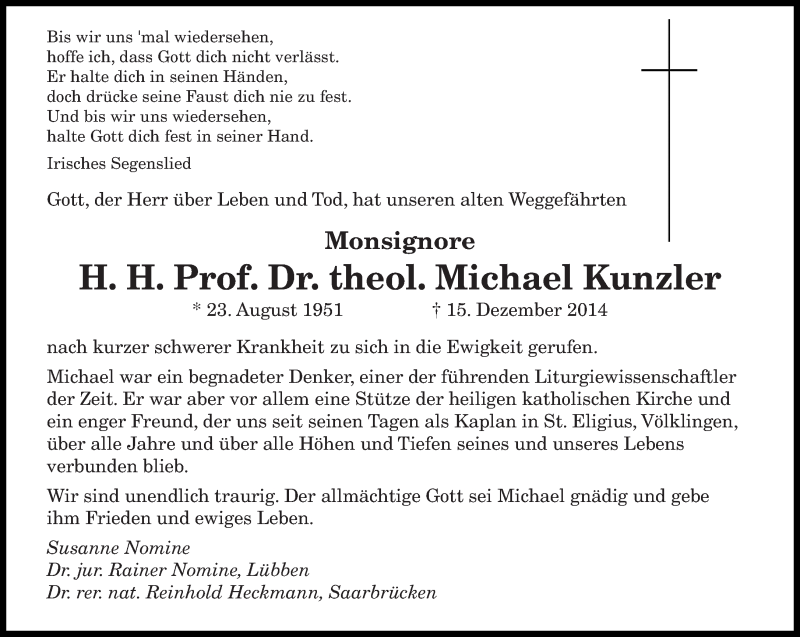  Traueranzeige für Michael Kunzler vom 18.12.2014 aus saarbruecker_zeitung