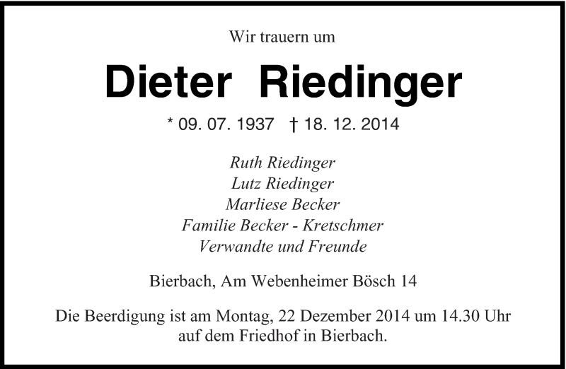  Traueranzeige für Dieter  Riedinger vom 20.12.2014 aus saarbruecker_zeitung