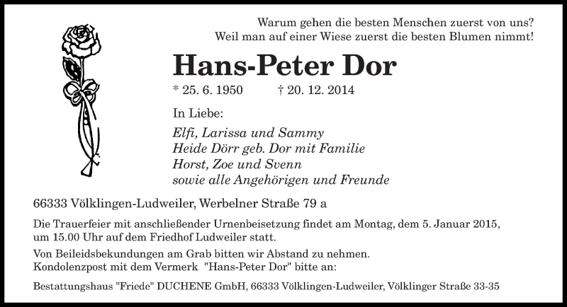  Traueranzeige für Hans-Peter Dor vom 27.12.2014 aus saarbruecker_zeitung