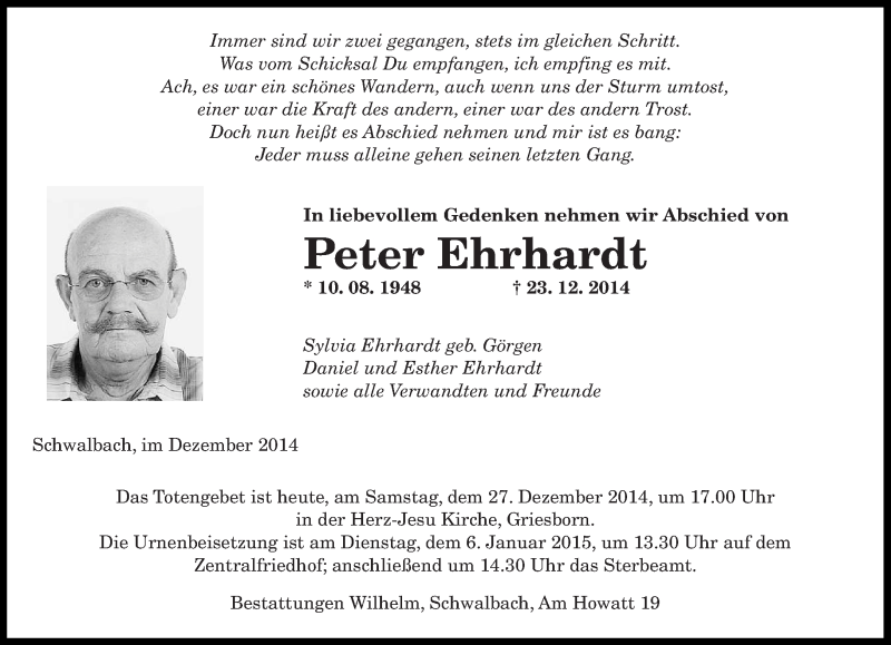  Traueranzeige für Peter Ehrhardt vom 27.12.2014 aus saarbruecker_zeitung