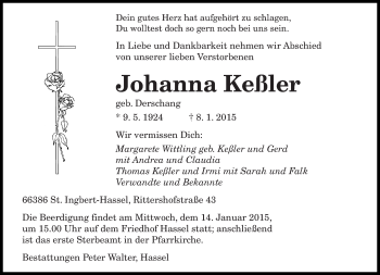 Traueranzeige von Johanna Keßler von saarbruecker_zeitung