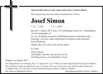 Traueranzeige von Josef Simon von saarbruecker_zeitung