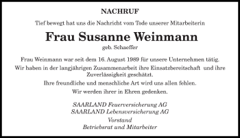 Traueranzeige von Susanne Weinmann von saarbruecker_zeitung