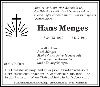 Traueranzeige von Hans Menges von saarbruecker_zeitung