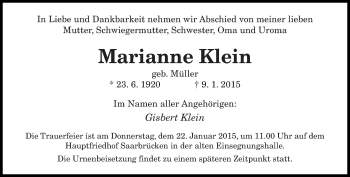 Traueranzeige von Marianne Klein von saarbruecker_zeitung