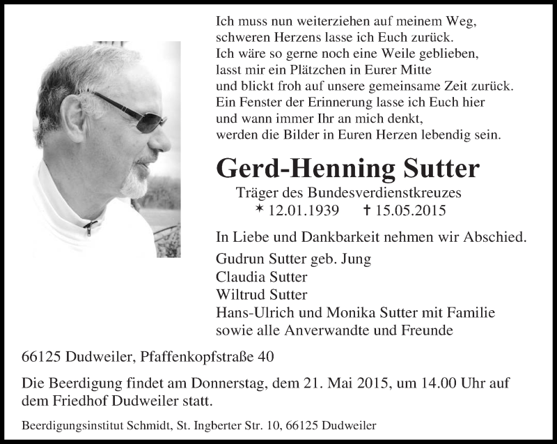  Traueranzeige für Gerd-Henning Sutter vom 18.05.2015 aus saarbruecker_zeitung